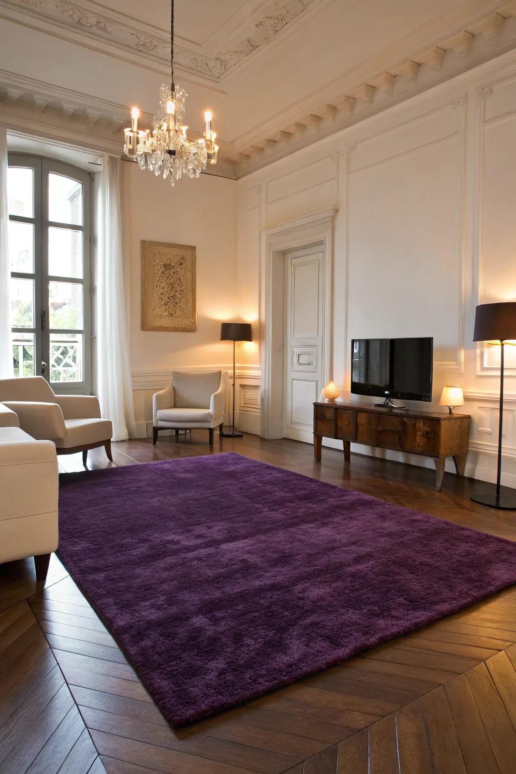 A deep violet rug adds texture and harmony to this minimalist living space.