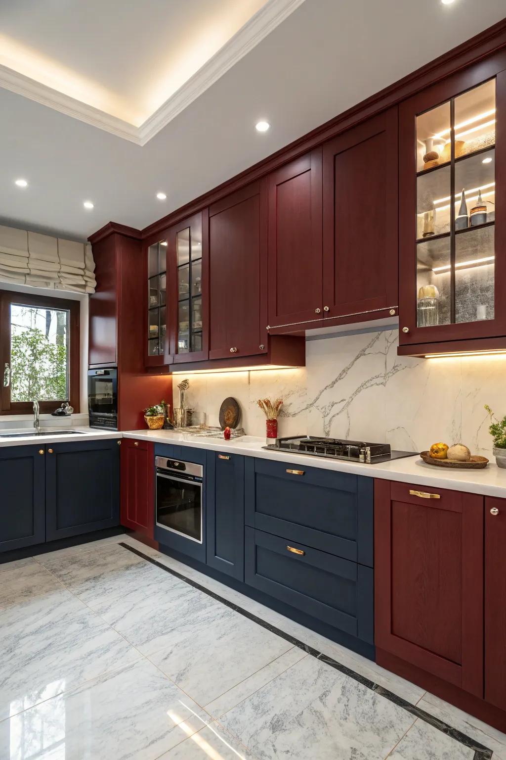 Two-tone kitchen cabinets in crimson and deep blue.