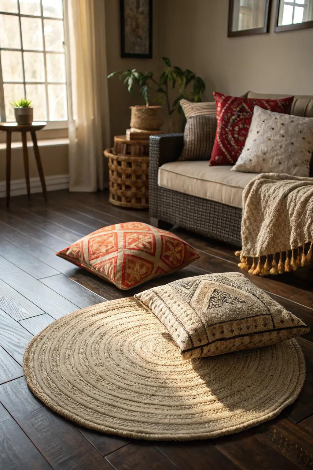 Textural elements enhance the dimensionality of this living room featuring dark wood floors.