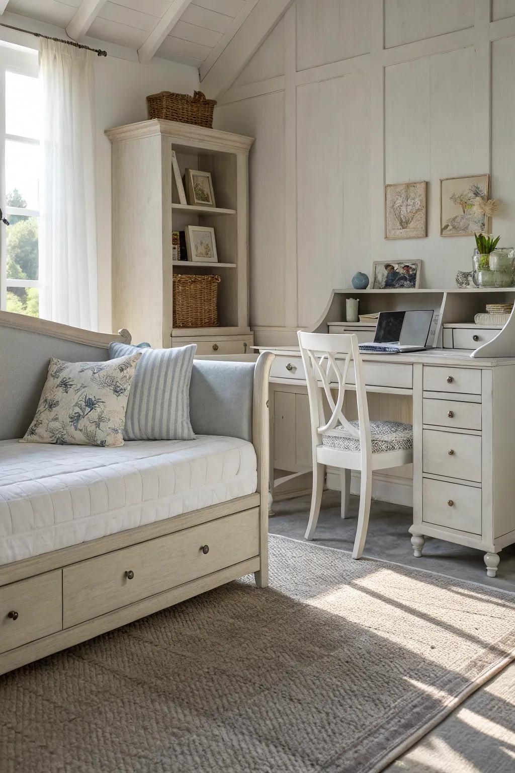Subdued hues promote a sense of calm and openness in a multi-functional space.