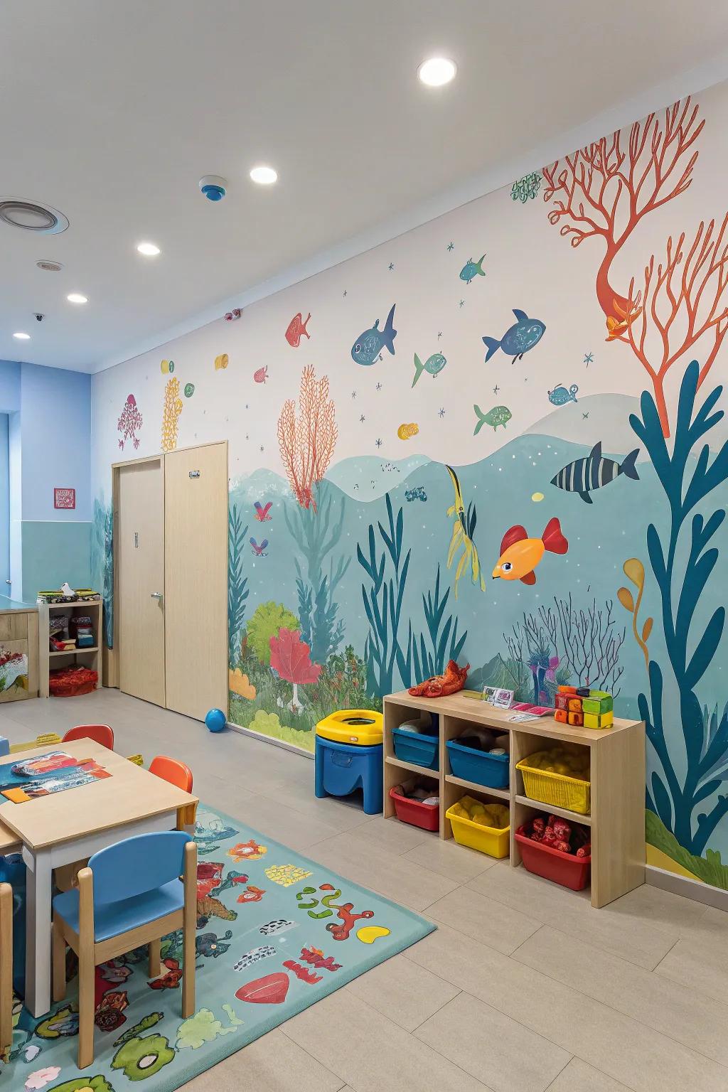A daycare area immersed in underwater-themed wallcovering.