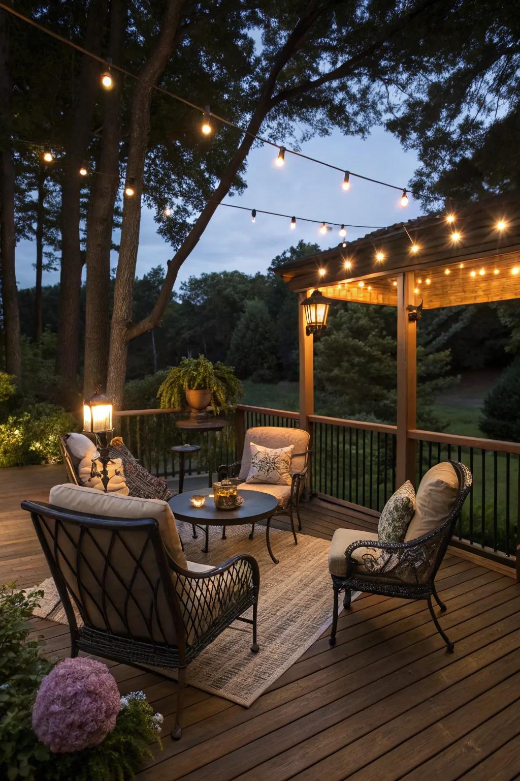 Modern lighting converts your deck into an enchanting nighttime getaway.