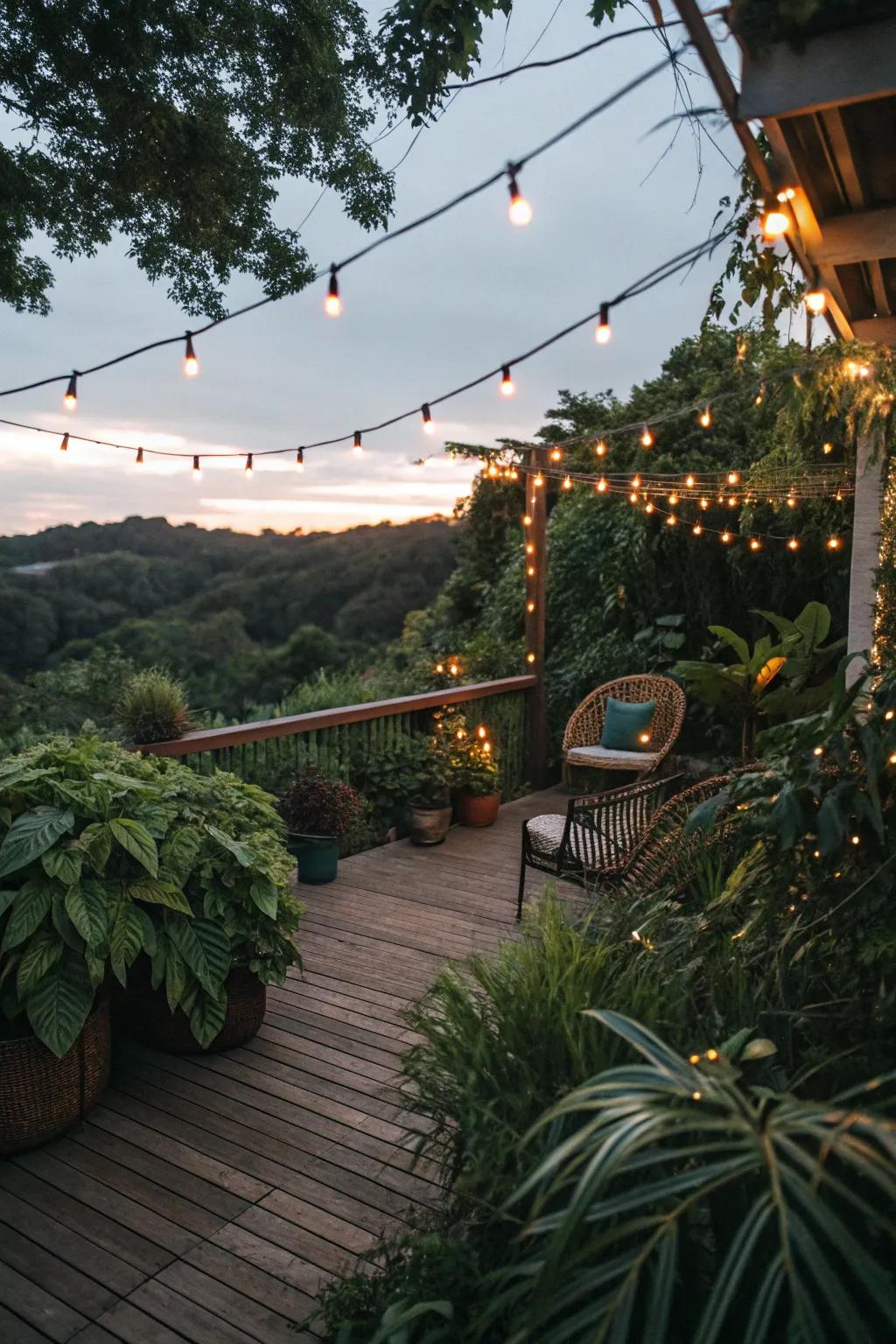 Subtle lighting transforms a deck into a captivating nighttime escape.
