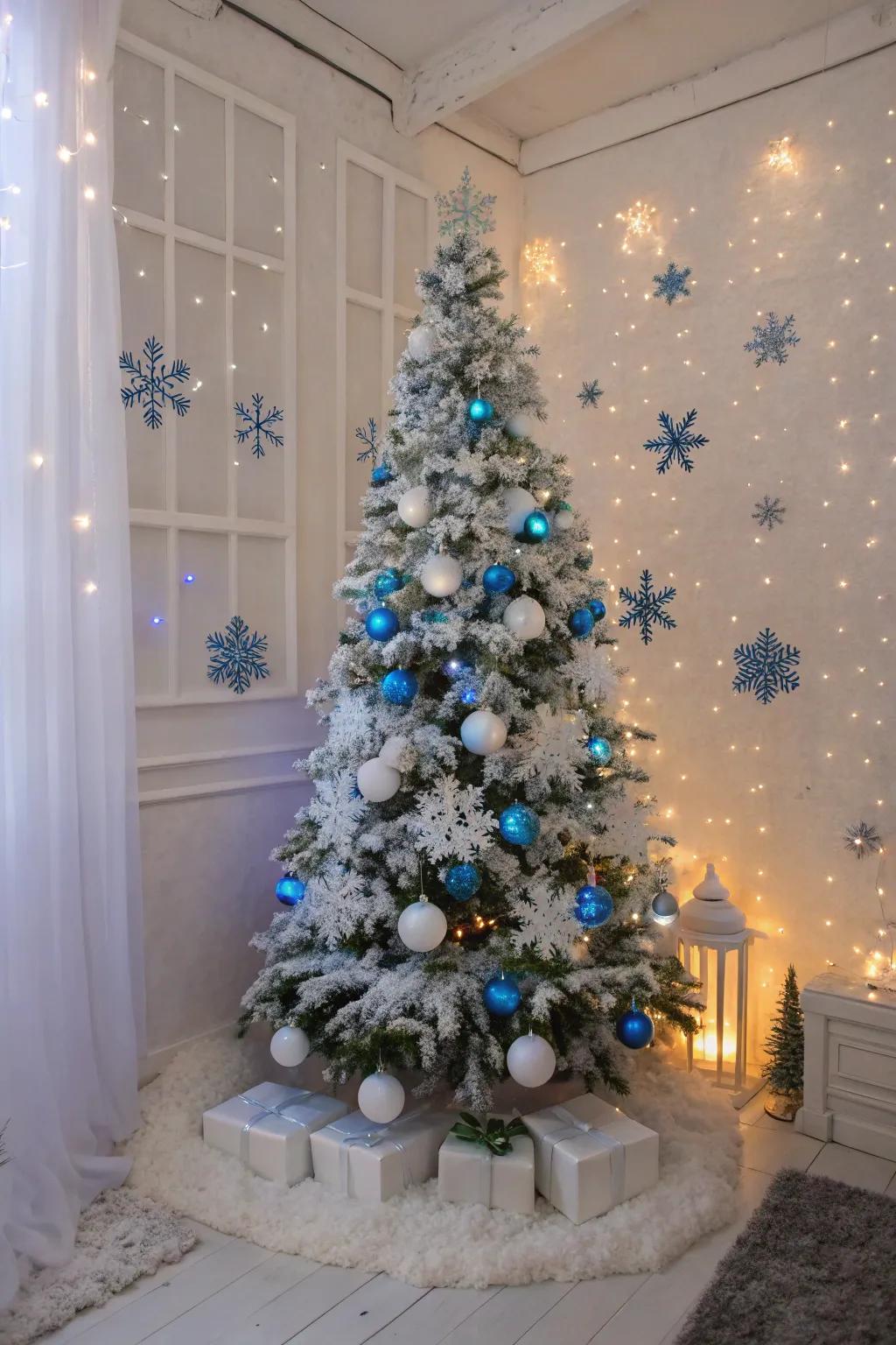 A winter-themed Yuletide tree using azure and ivory lights and glittery flake decorations.