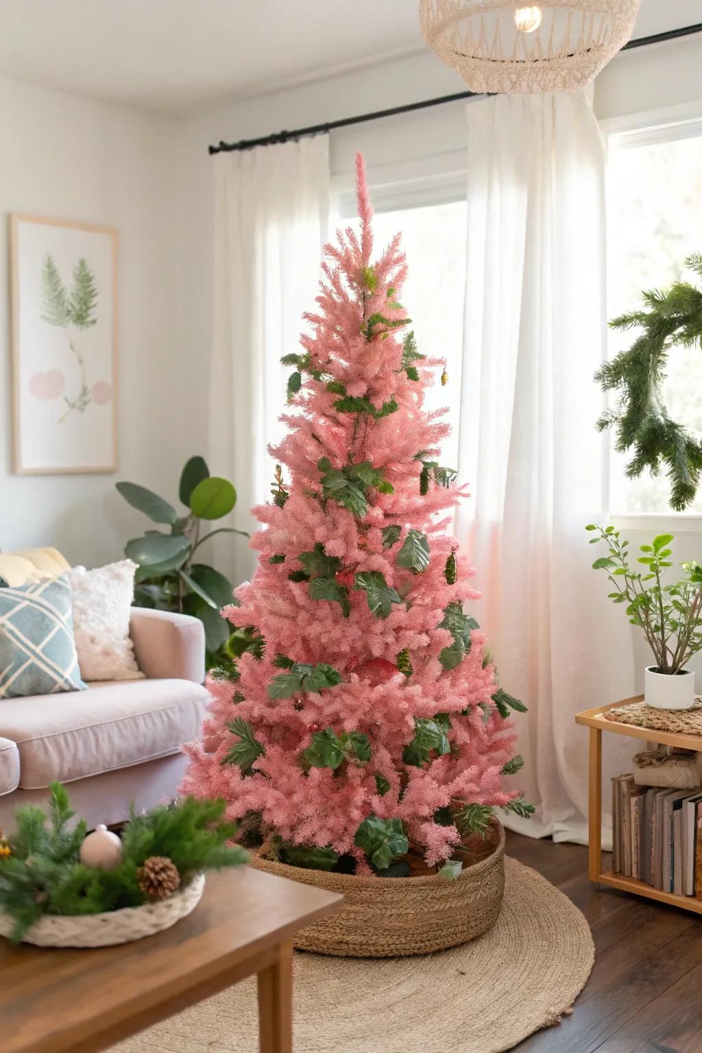 A harmonious integration of pink and green decorations.