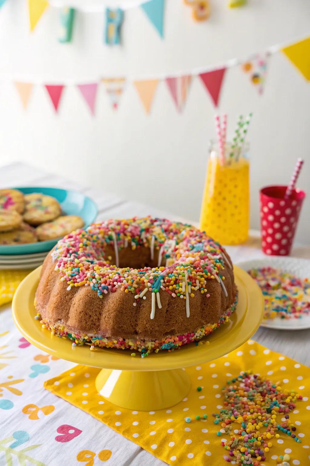 A bundt cake embellished with lively, multi-colored sprinkles.
