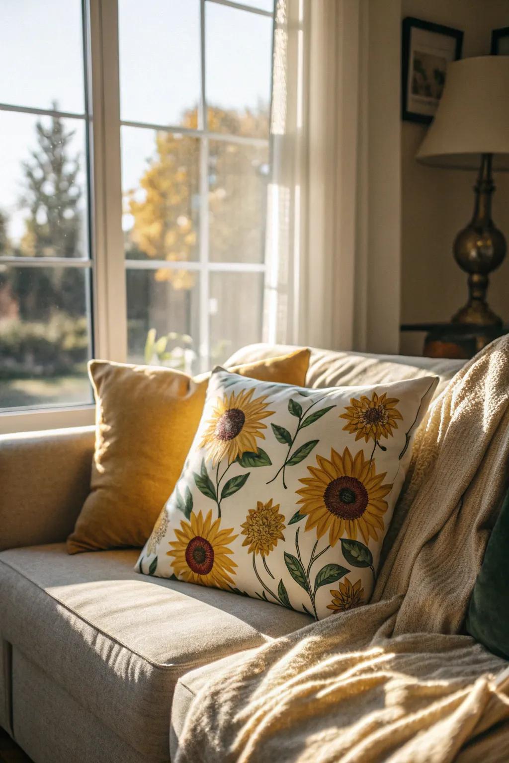 Pillows adorned with sunflower patterns introduce warmth and vibrancy to your seating area.