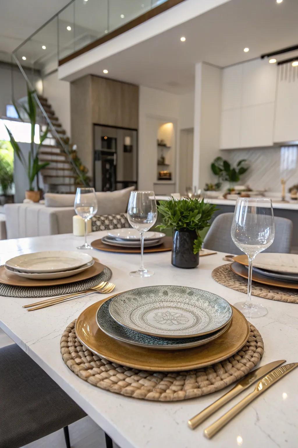 An assortment of materials comes together to create a vibrant table arrangement.