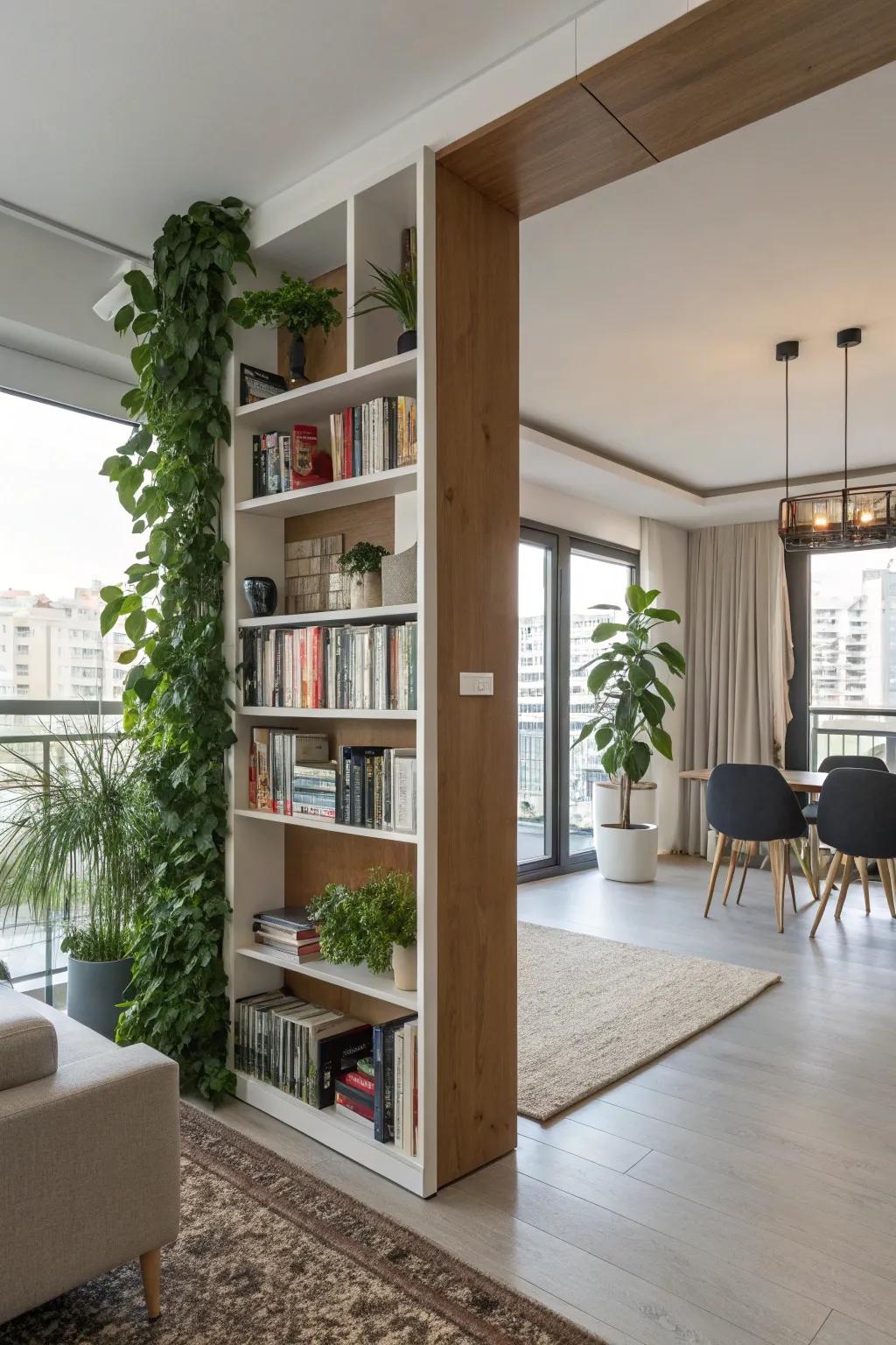 Dual-aspect shelving harmonizes function and flair in expansive settings.