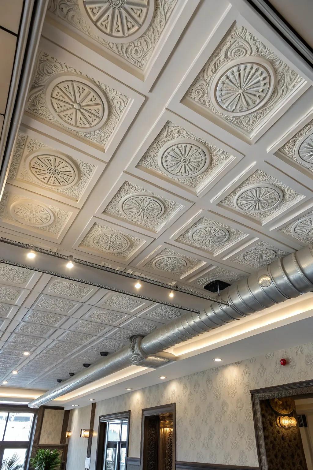 Ceiling panels elegantly conceal plumbing.