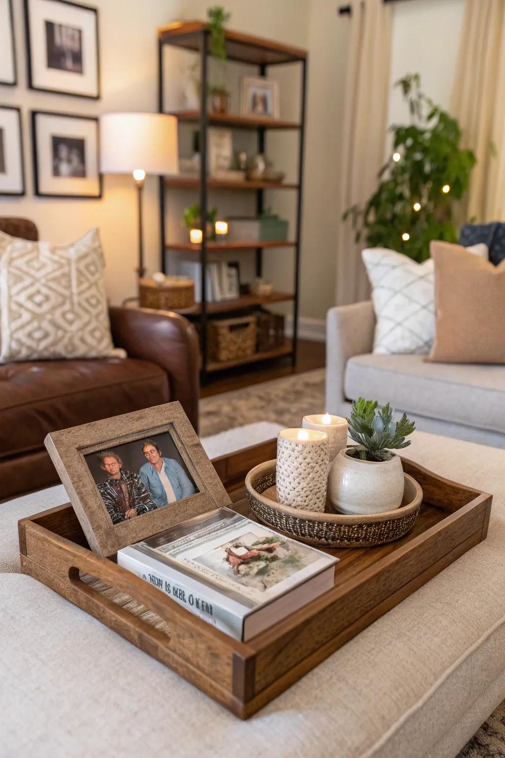 Private aspects using a framed image upon a decorative serving board.