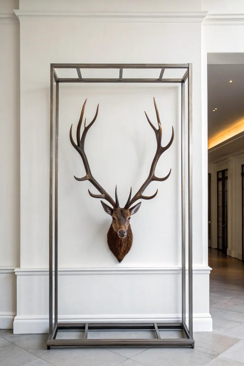 Deer antlers presented in a refined metal frame contribute a minimalist element to a modern wall.