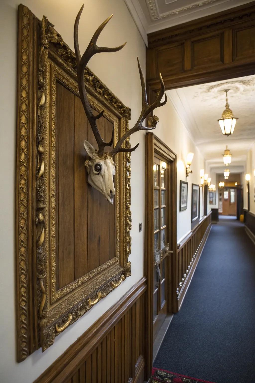 An aged casing enhances the vintage sophistication of a deer skull mount.