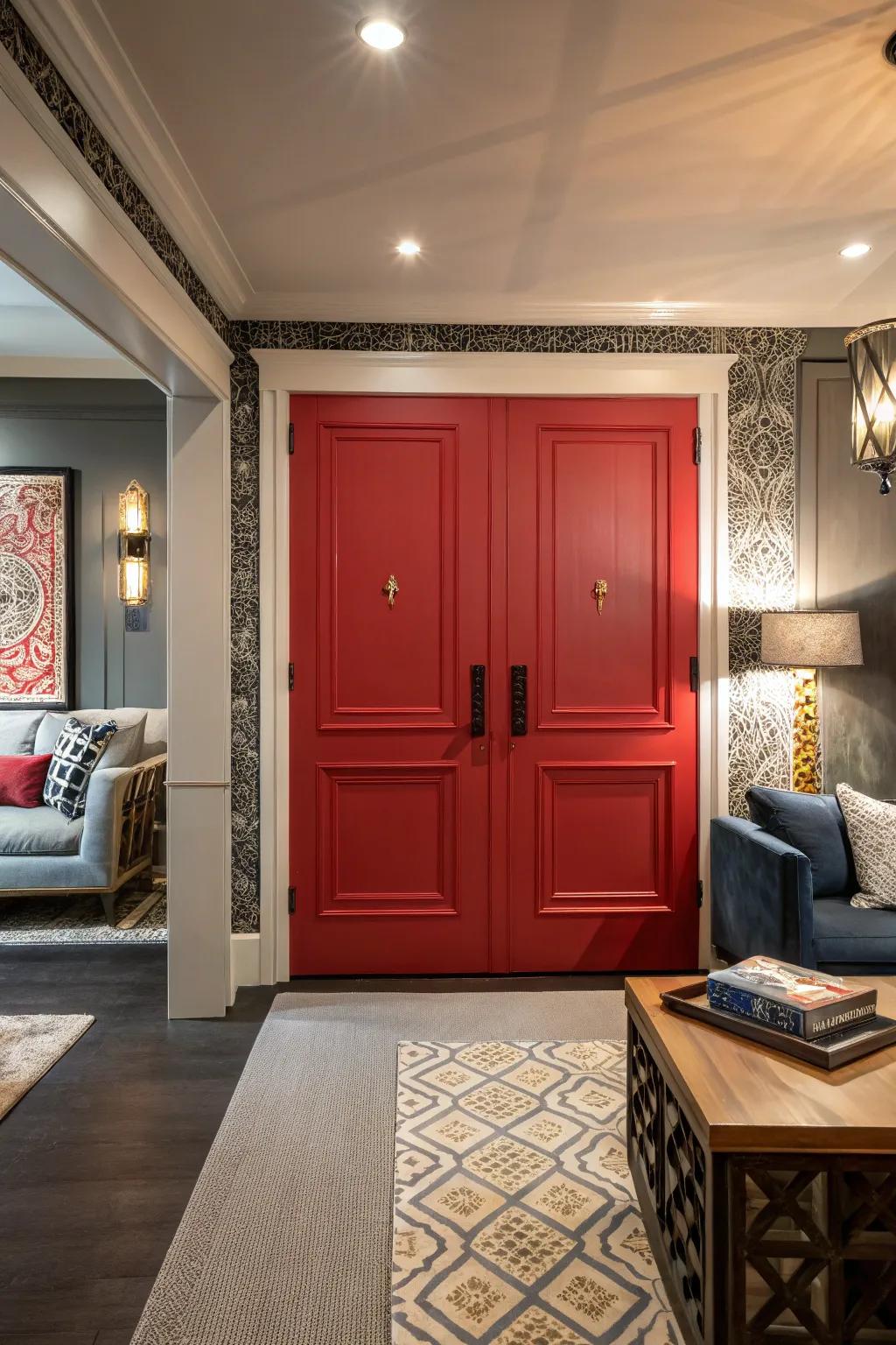 Patterned doors with a modern twist introduce a burst of color.