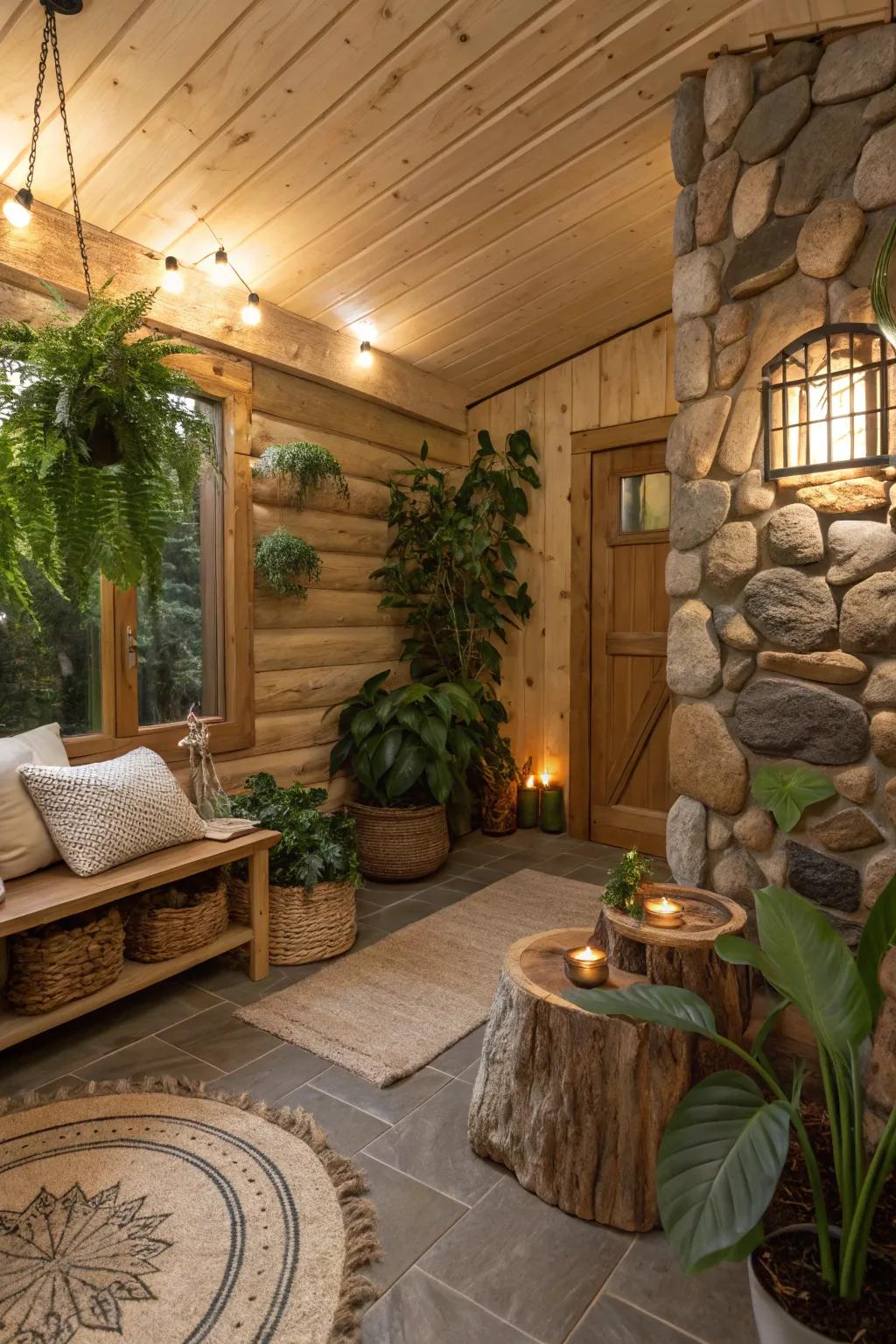 A nature-inspired den featuring earthy tones and organic materials.