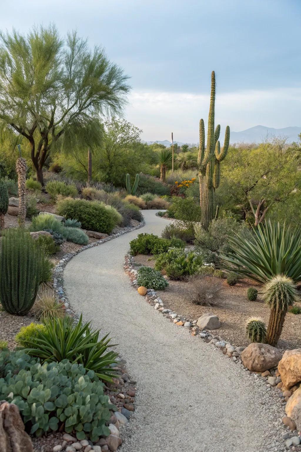 Crushed rock walkways offer a neat and functional design in desert gardens.