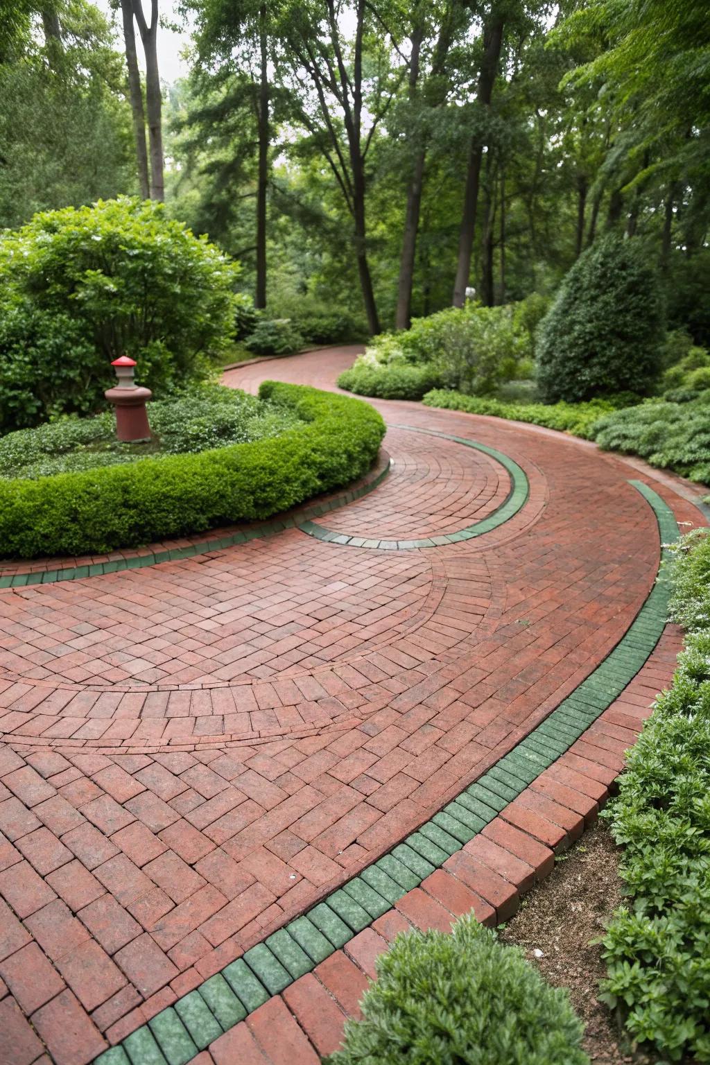 The vibrant colors of a brick driveway fashion a welcoming and comforting entry.