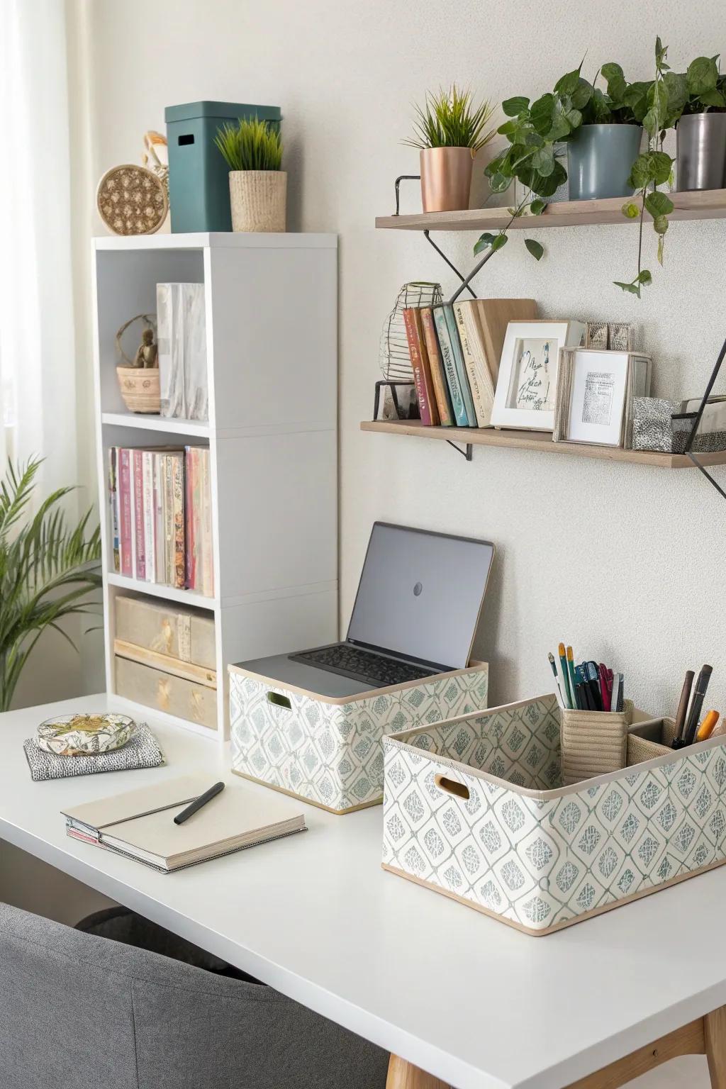 Elegant organizational solutions maintain a pristine and beautiful workspace.