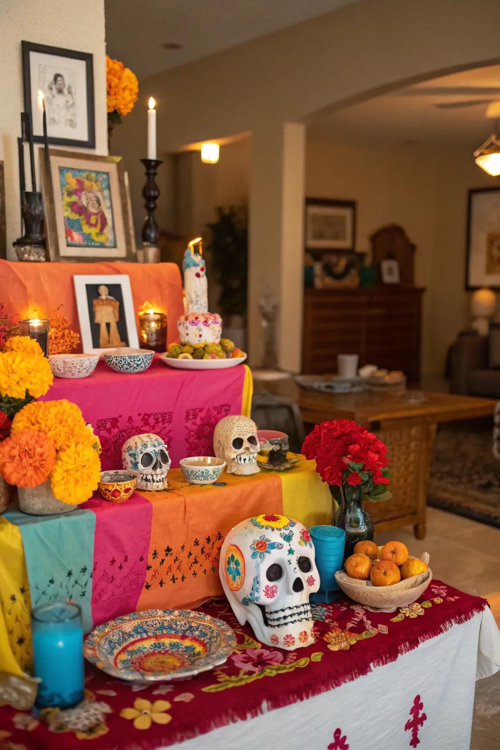 Sweetened skulls add a playful and colorful element to the altar.