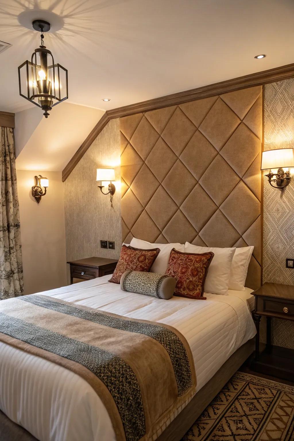 Thoughtful lighting improves the snug feel of a diagonal bed arrangement.