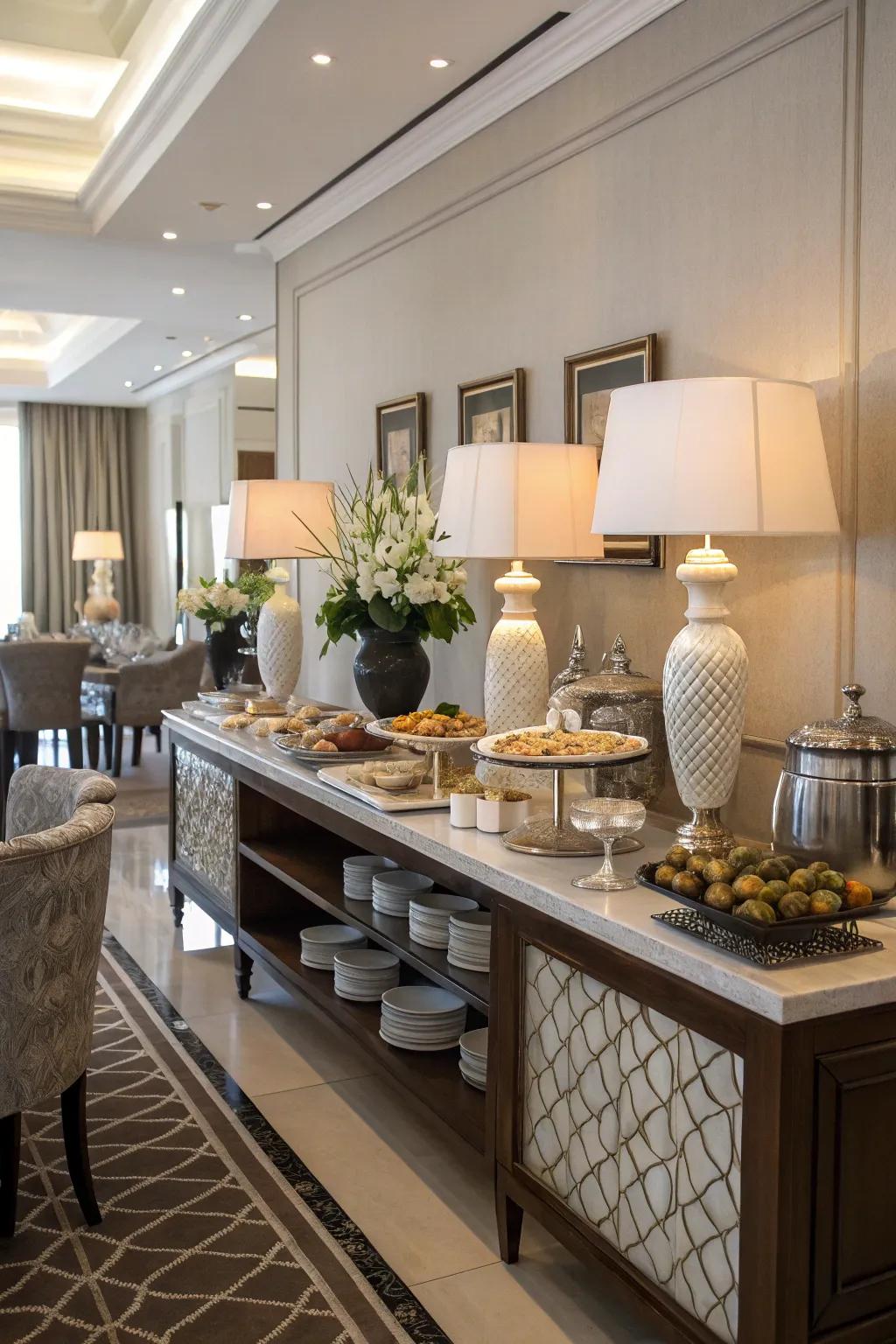 Symmetry enhances the elegance and structure of this dining buffet.