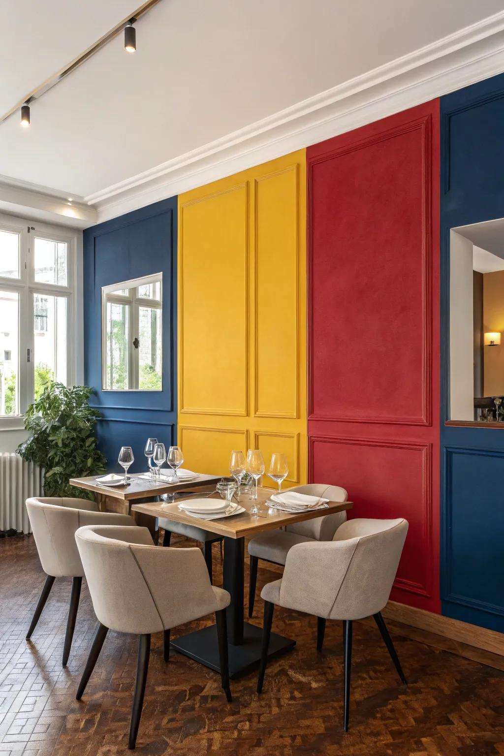 Color blocking introduces a contemporary and vibrant aspect to your dining space.