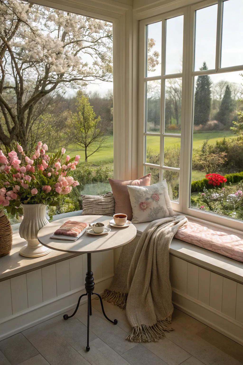 Window seats provide a gorgeous dining setting.