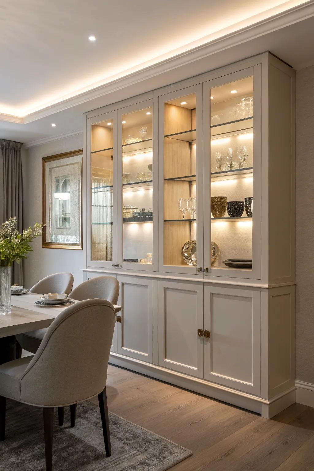 Integrated cabinets create a custom and sophisticated look in the dining room.