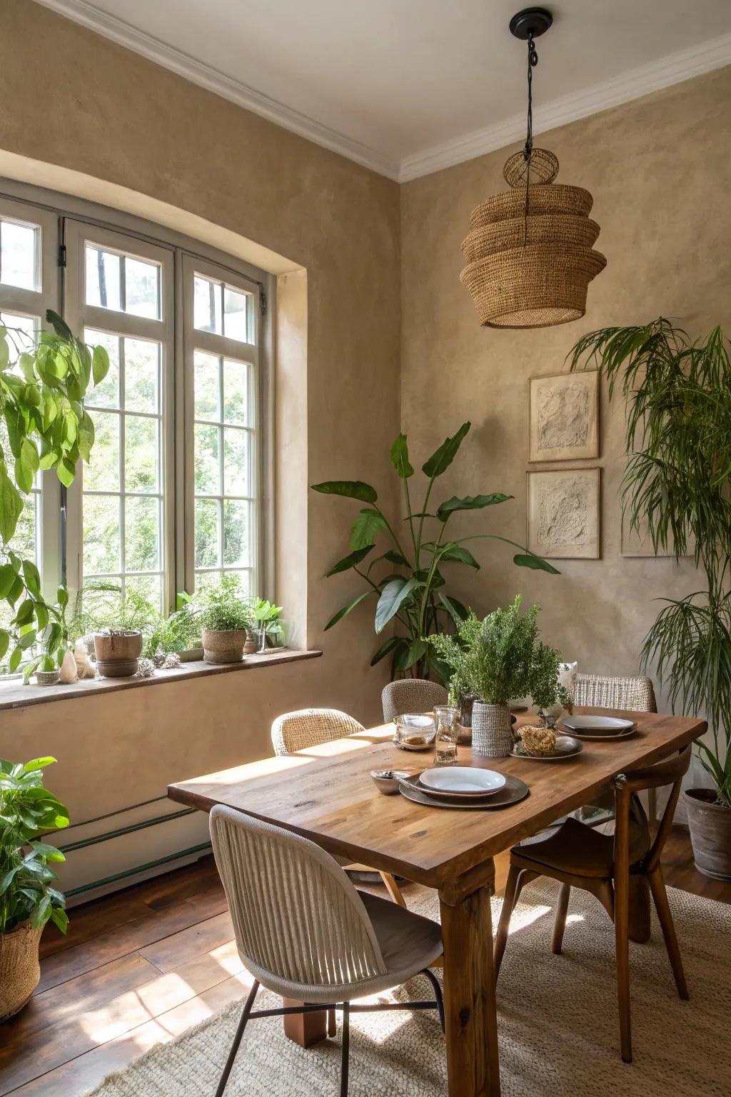 A dining space exudes warmth with neutral earthy tones.