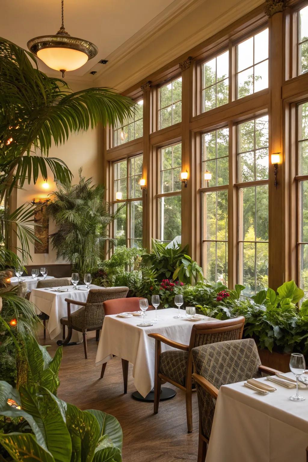Sunlight and plants unite to create an invigorating dining atmosphere.