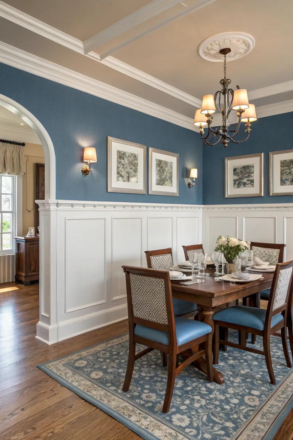 With a pleasing fusion of colors, dual-tone wainscoting incorporates visual appeal.