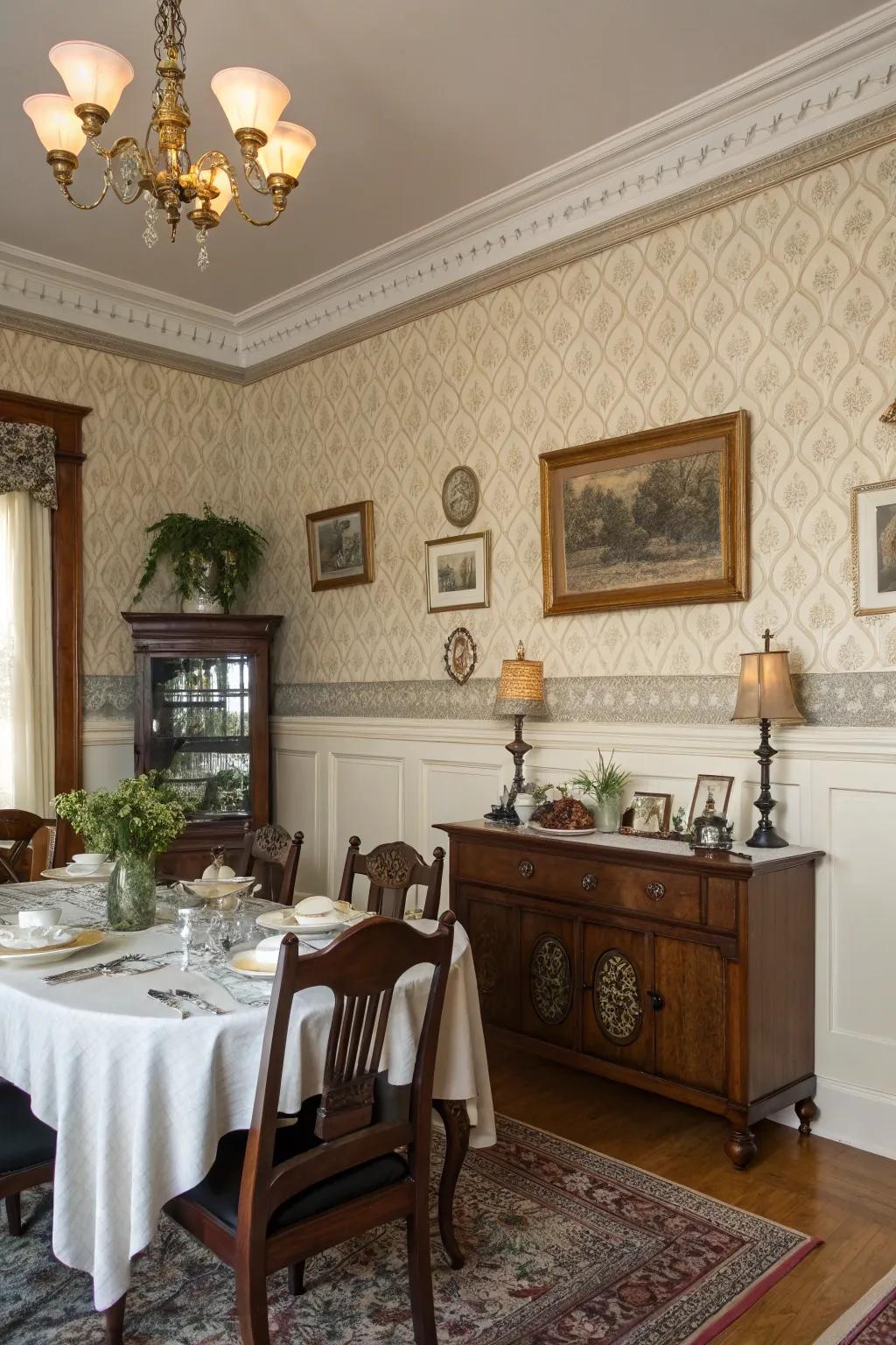 Wallpaper above the chair rail enhances the room with texture and detail.
