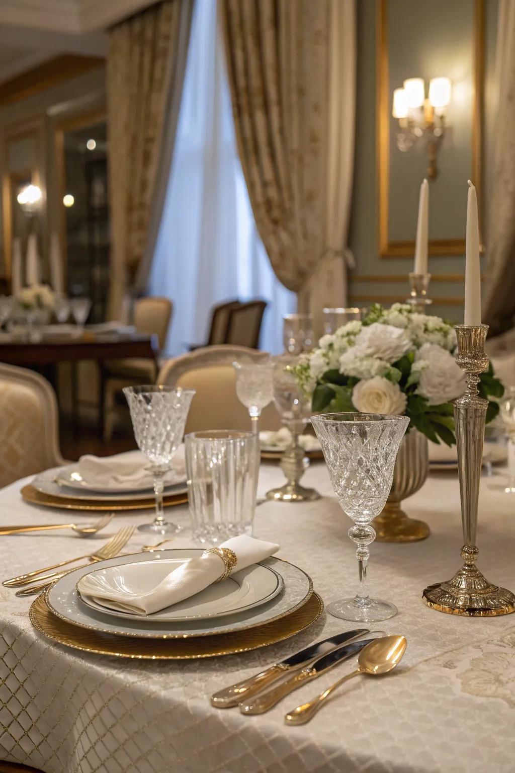 A dining table featuring a sophisticated tableware arrangement.