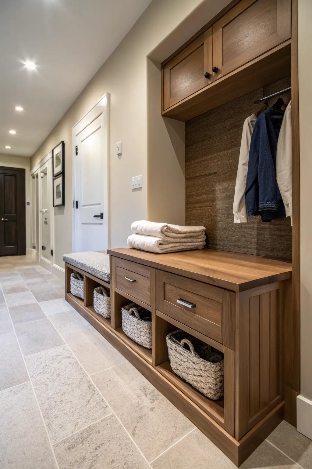 Keep your garments out of sight with under-bench storage solutions.