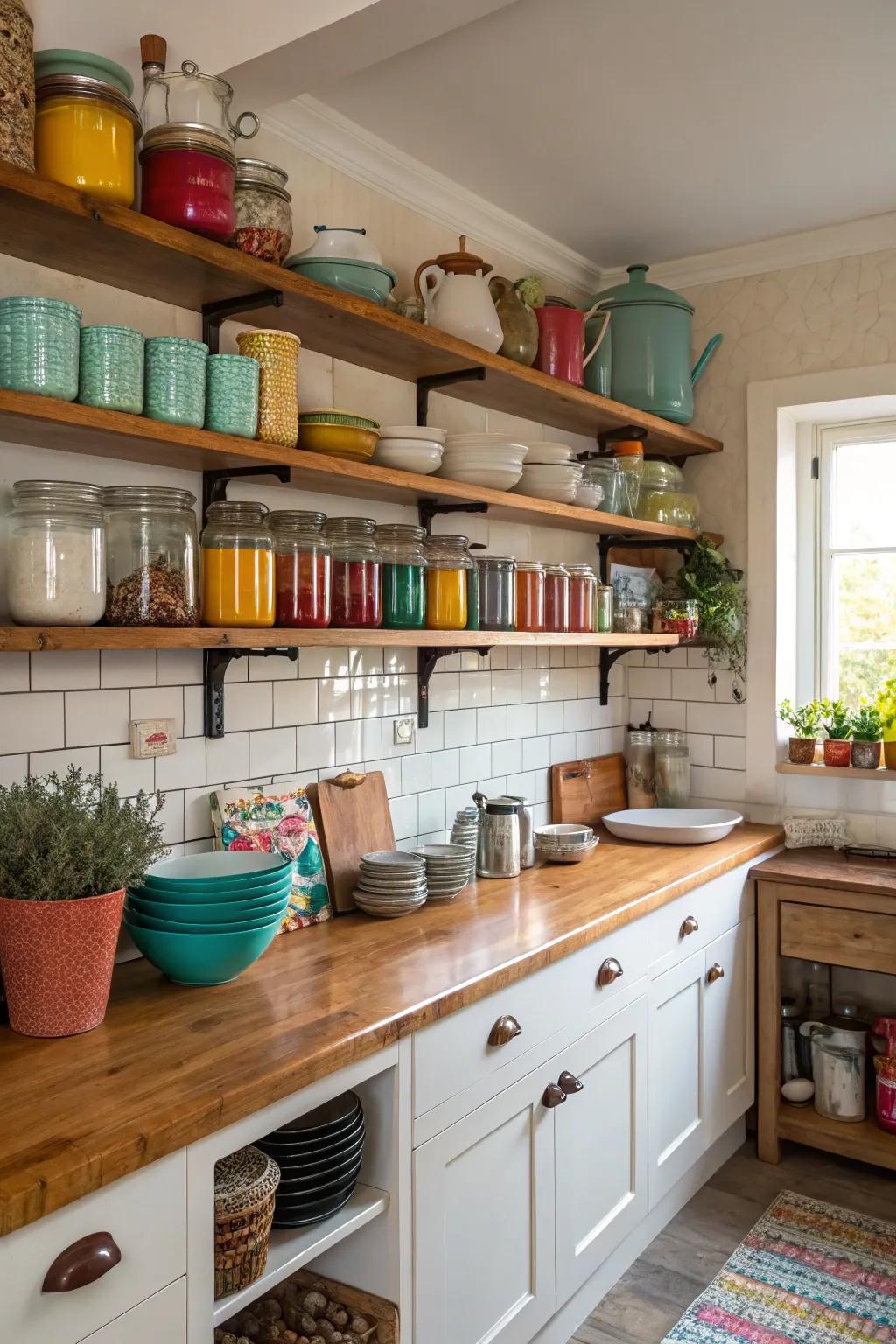 Exposed boards in a cooking area for effortless access.