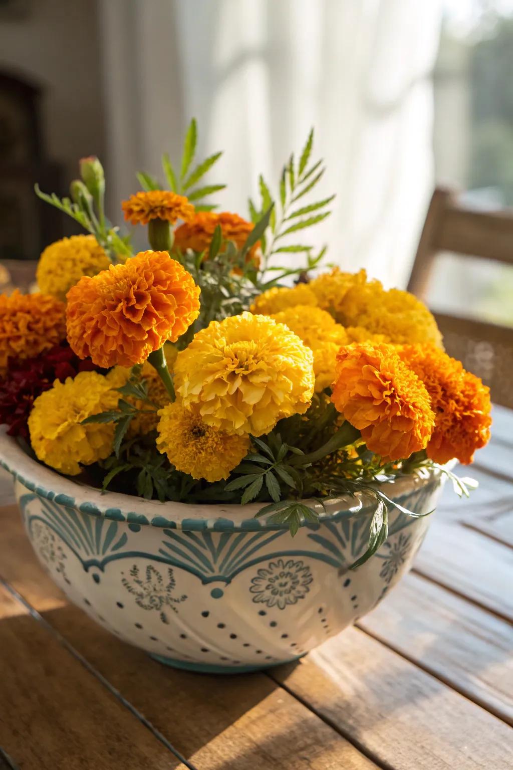 Marigold arrangements add a natural and fragrant touch.