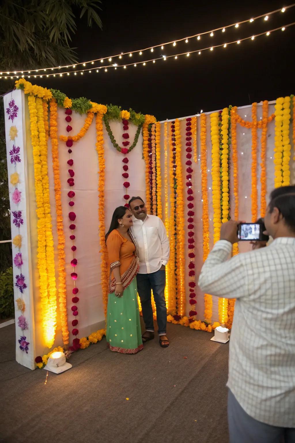 Marigold garlands adding a traditional flourish to the photo booth.