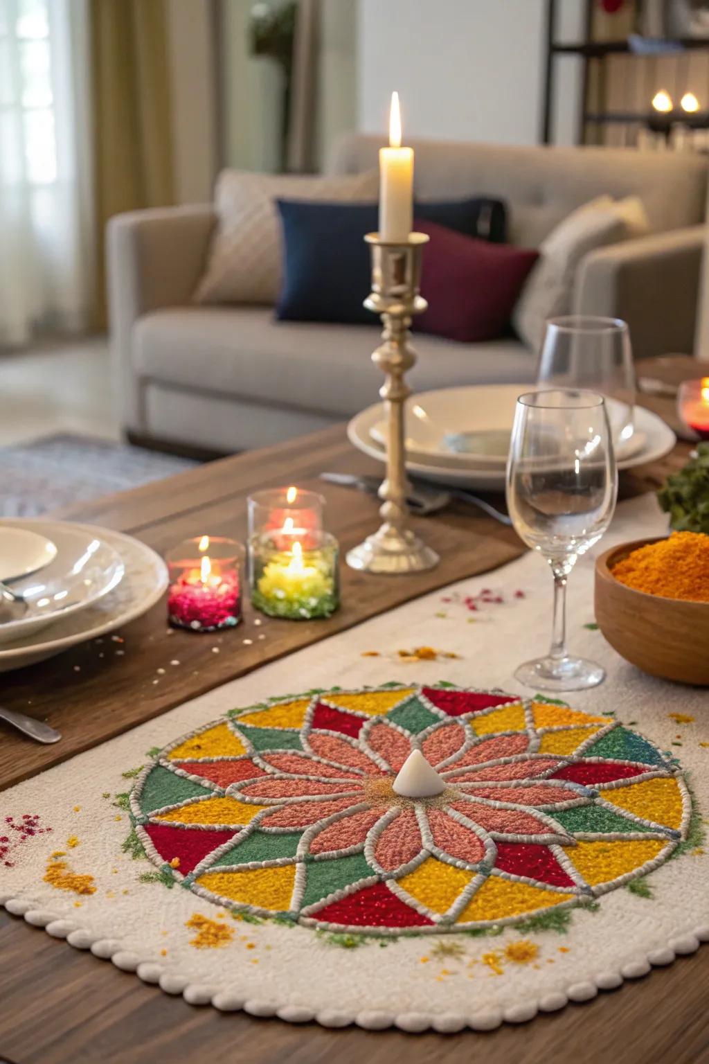 A decorative rangoli creates a striking focal point for the Diwali table.