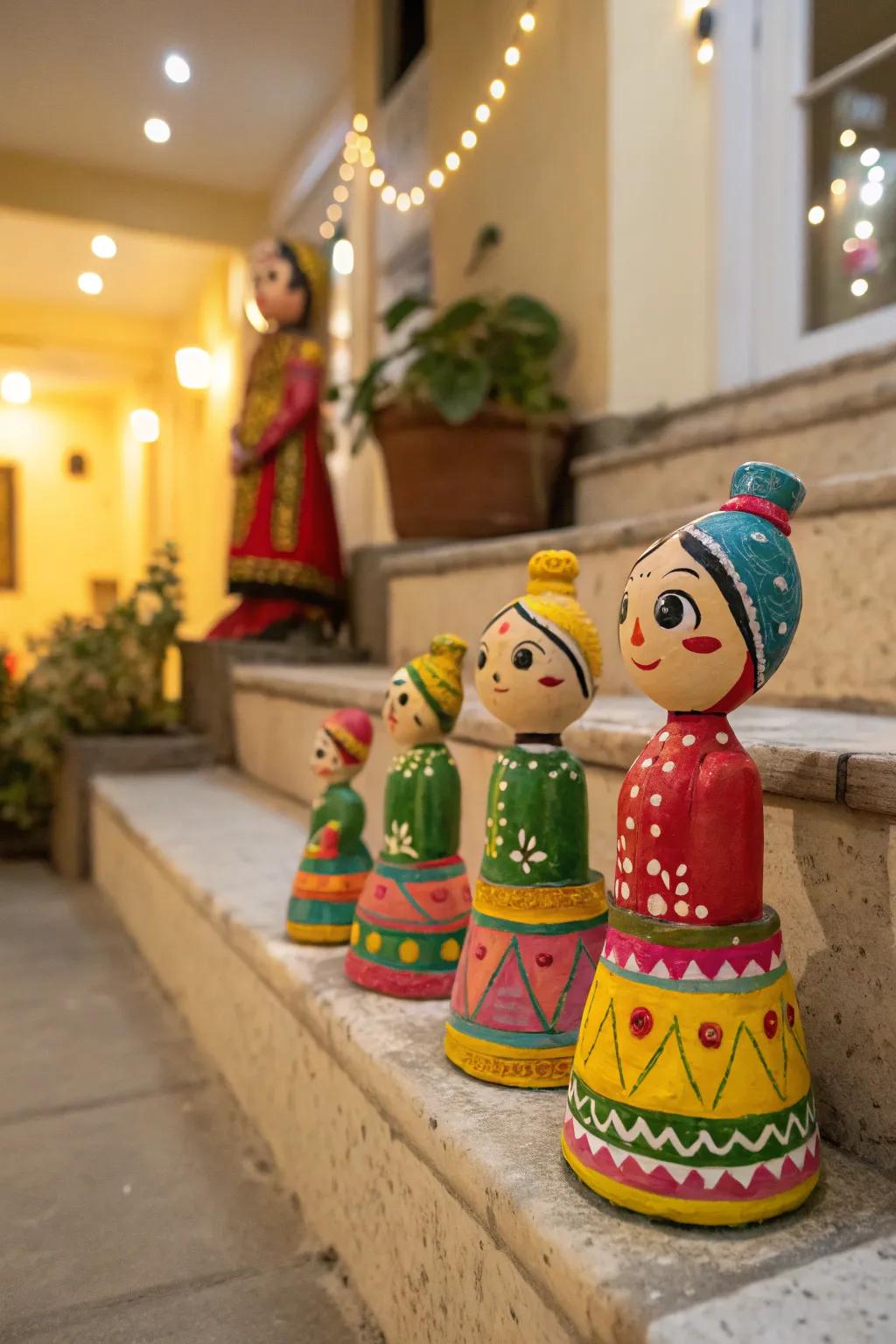 Vibrantly colored, handcrafted clay figurines prepared for Golu.