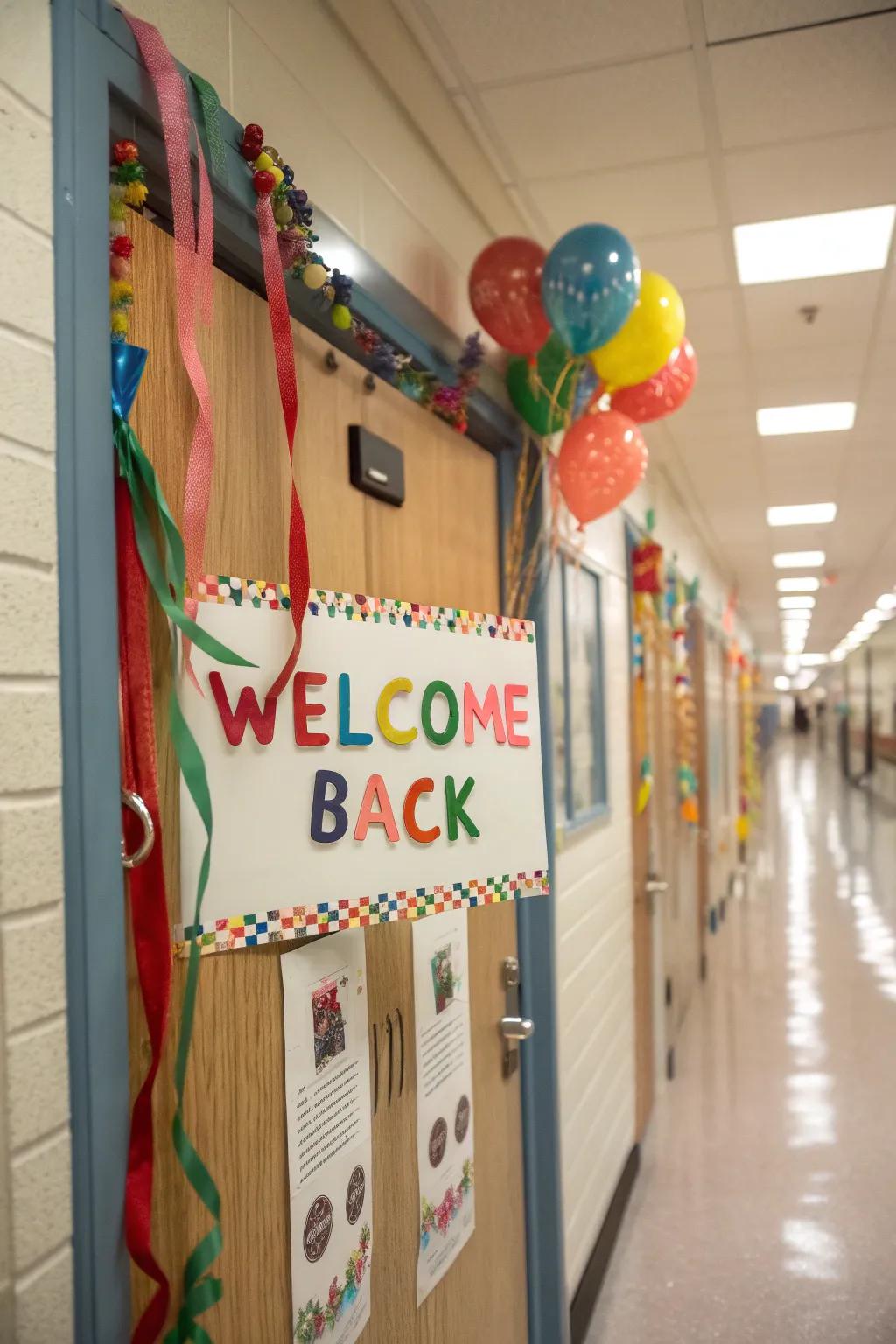 A seasonal welcome message brightens the learning space entryway.