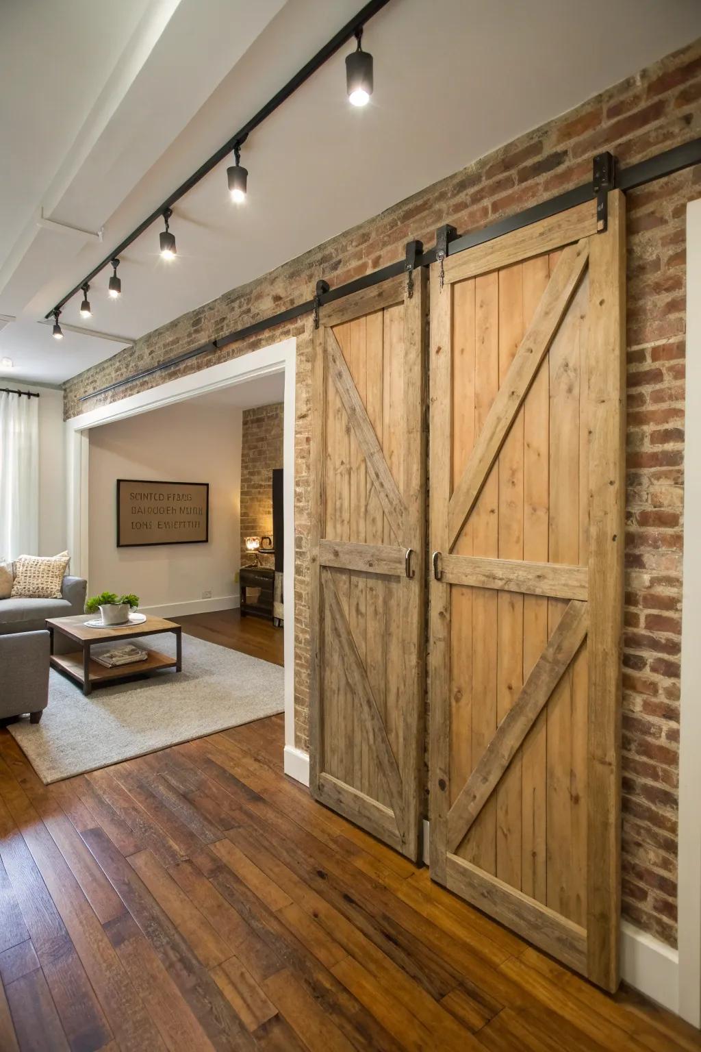 Rustic barn doors offer a comfortable and space-saving solution for studio apartments.