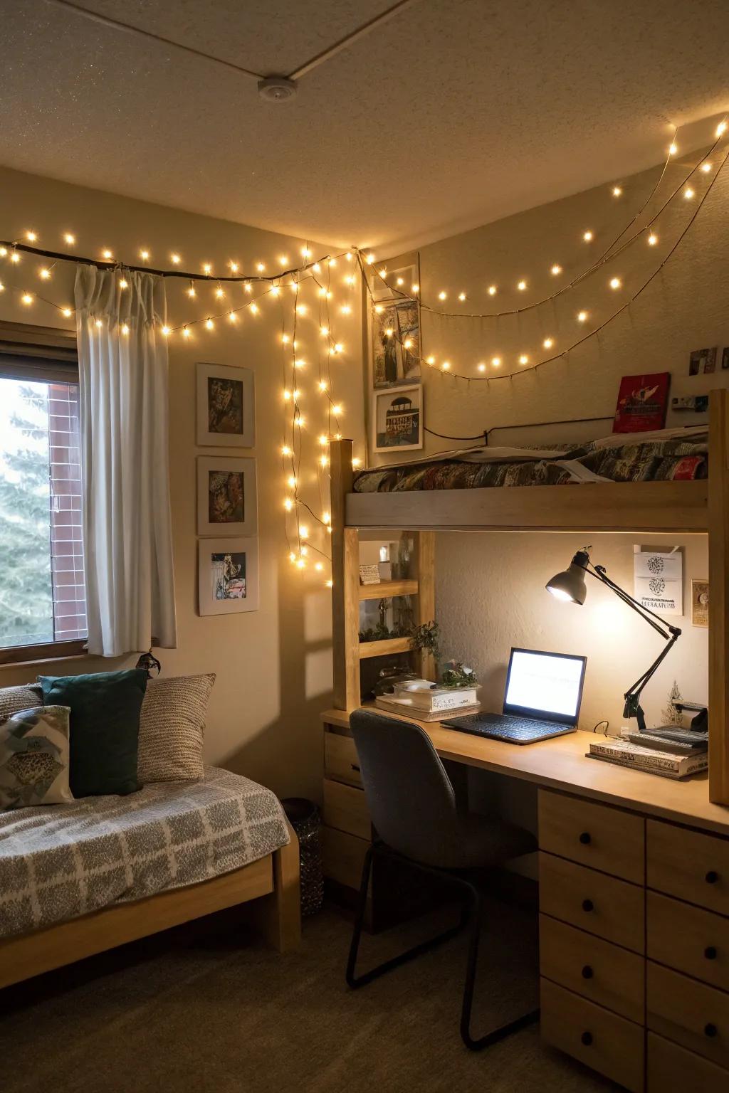 Layered lighting creates a welcoming dorm room atmosphere.