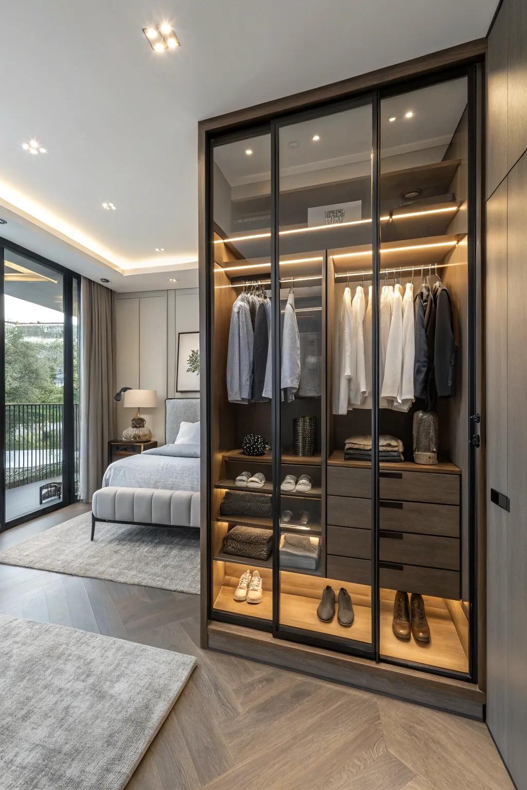 Each need is met by the tailored organization provided by partitioned sections within a double closet.