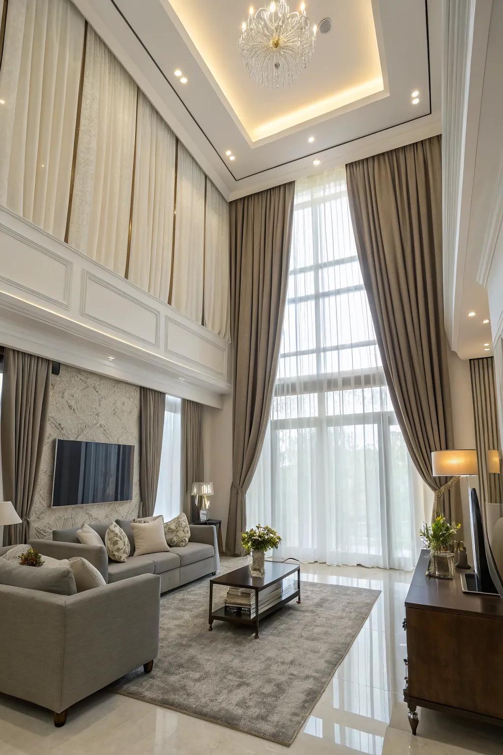 Double curtains mounted from the ceiling amplify the room’s height, creating a dramatic visual statement.