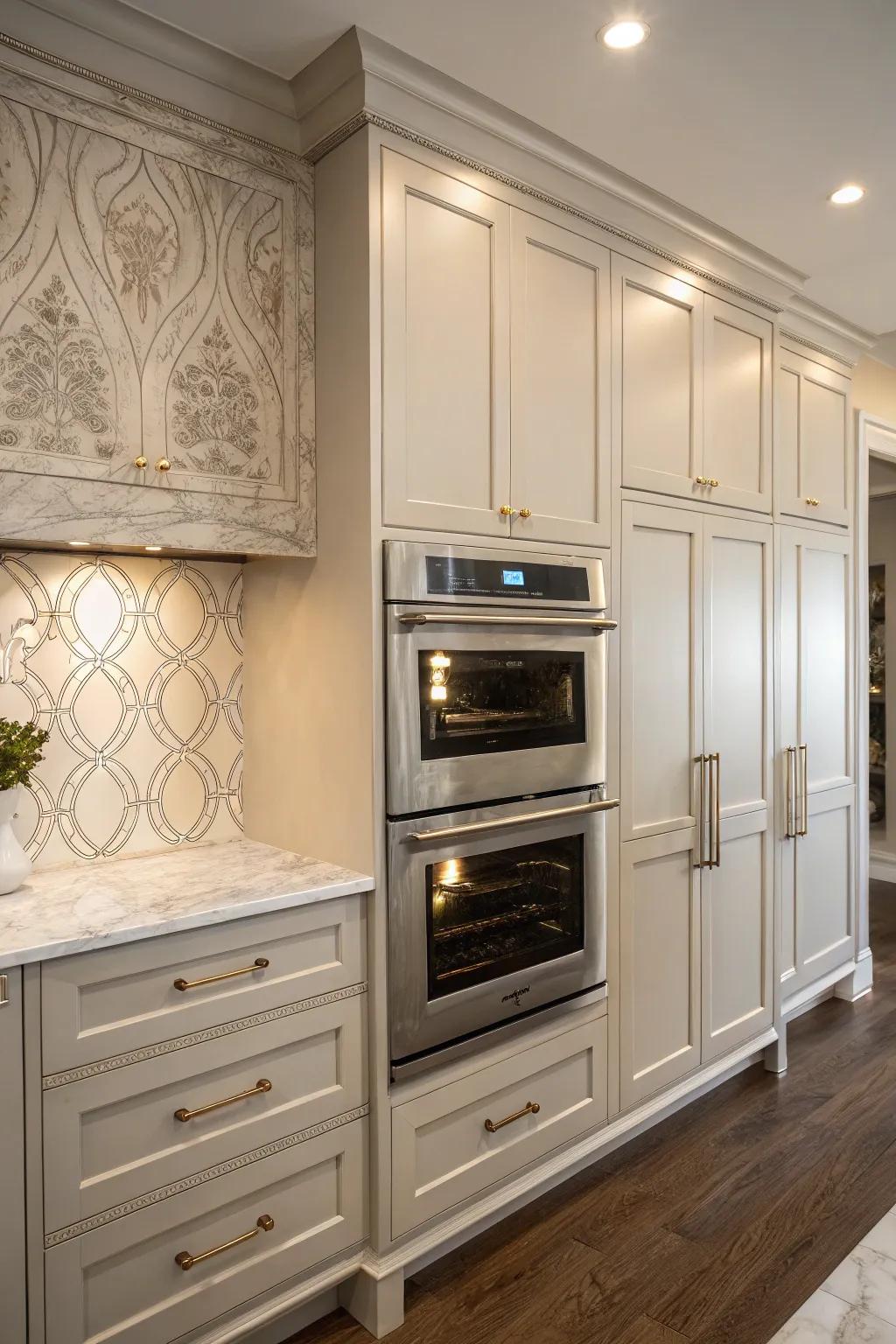 A concealed double oven blends effortlessly with the surrounding cabinetry, maintaining a seamless look.