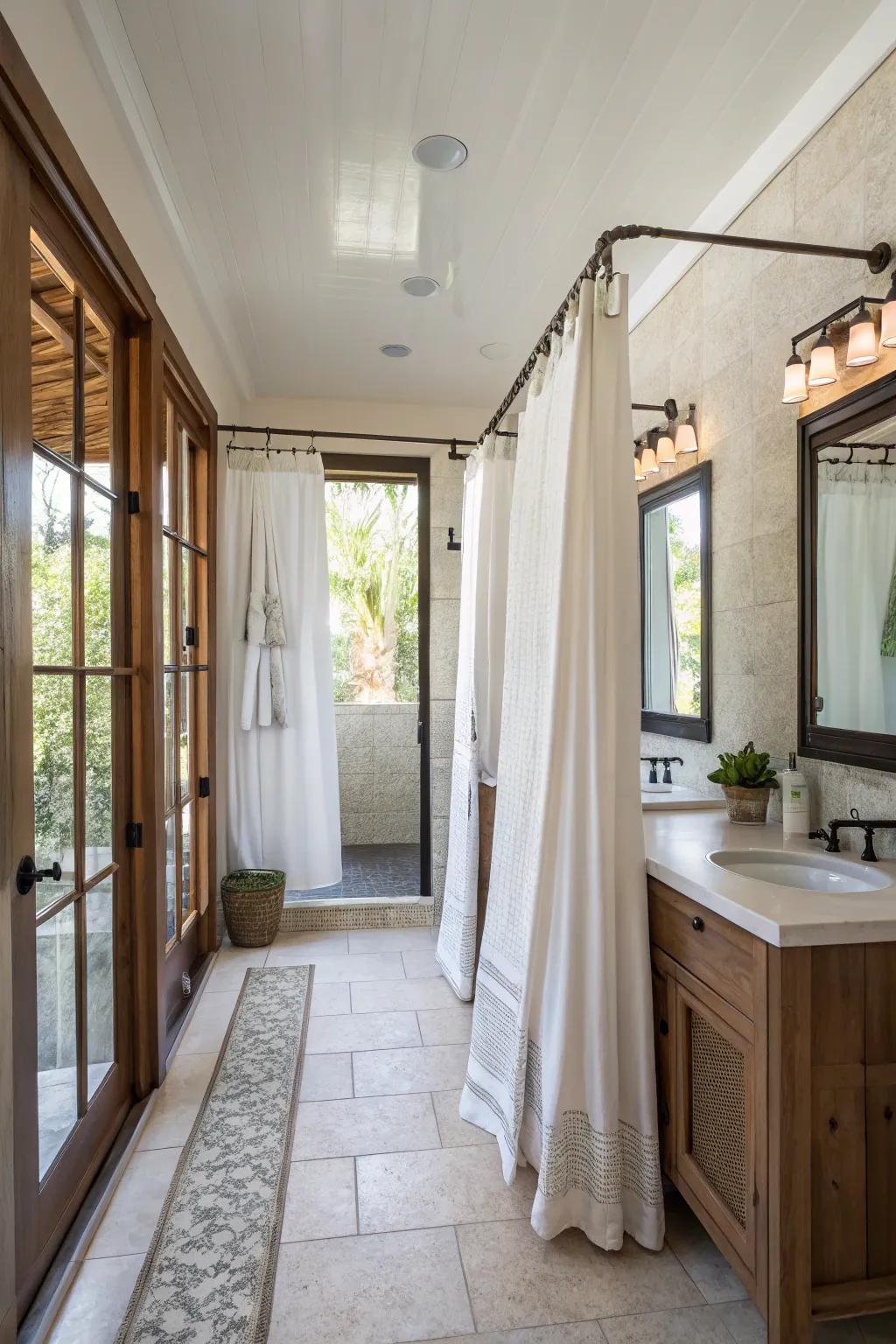 Drapes can innovatively partition space within an open bathroom layout.