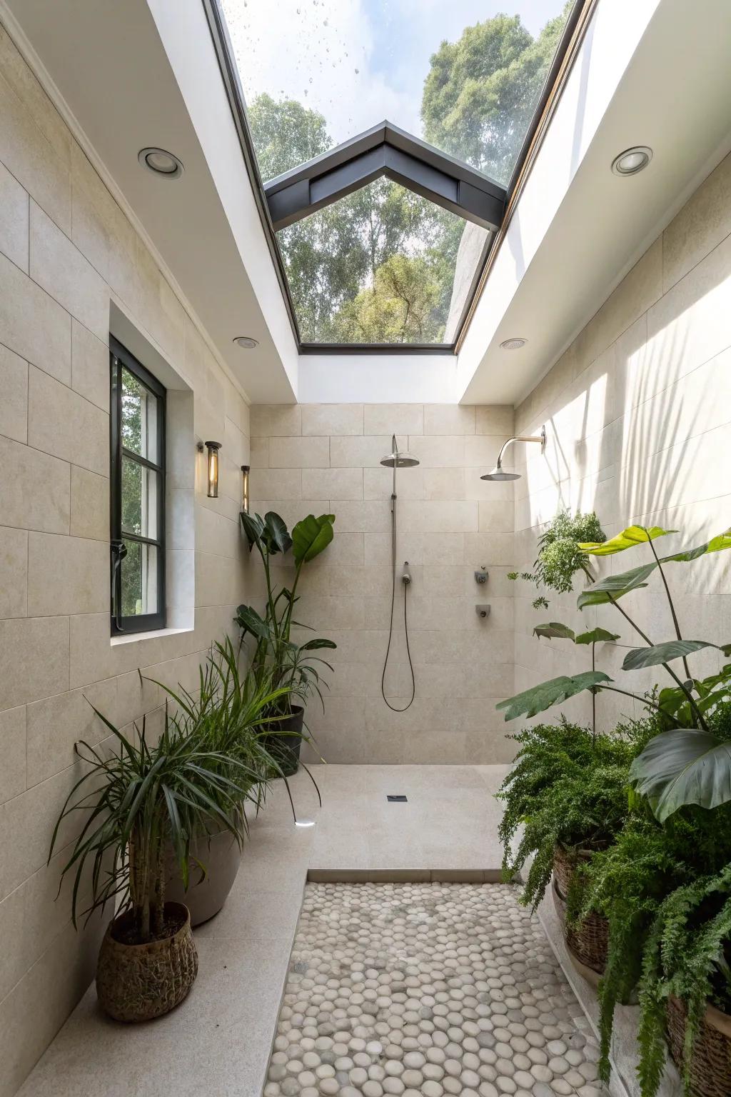 Bask in the glow of natural light with a skylight-enhanced double shower.