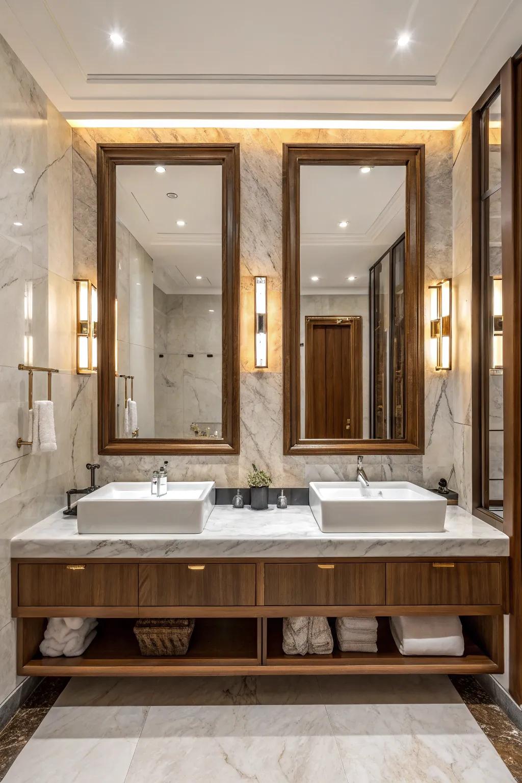 Large, prominent mirrors infuse drama and elegance above the double sinks.