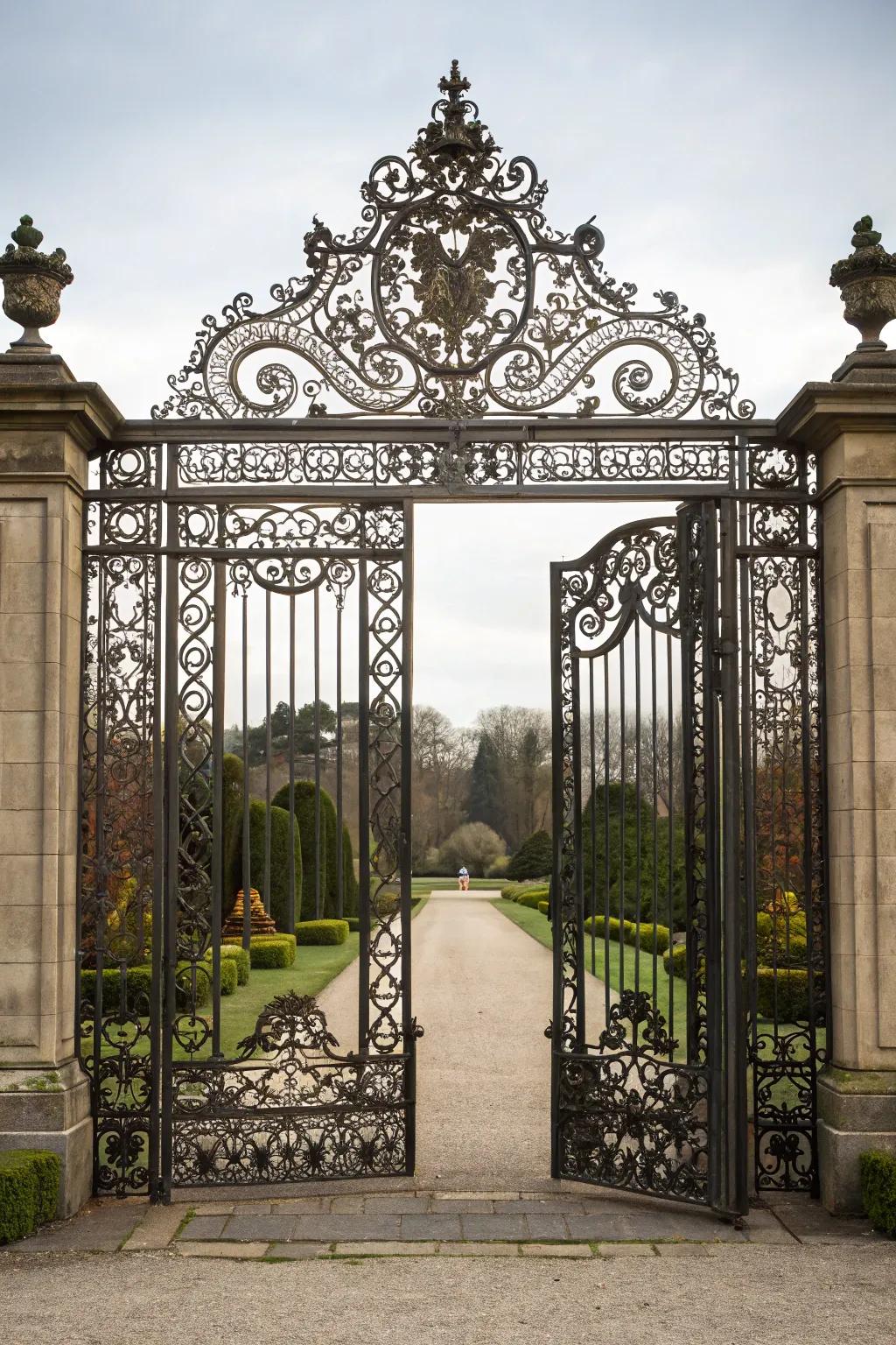 An ornate steel double swing gate creating a grand entrance statement.