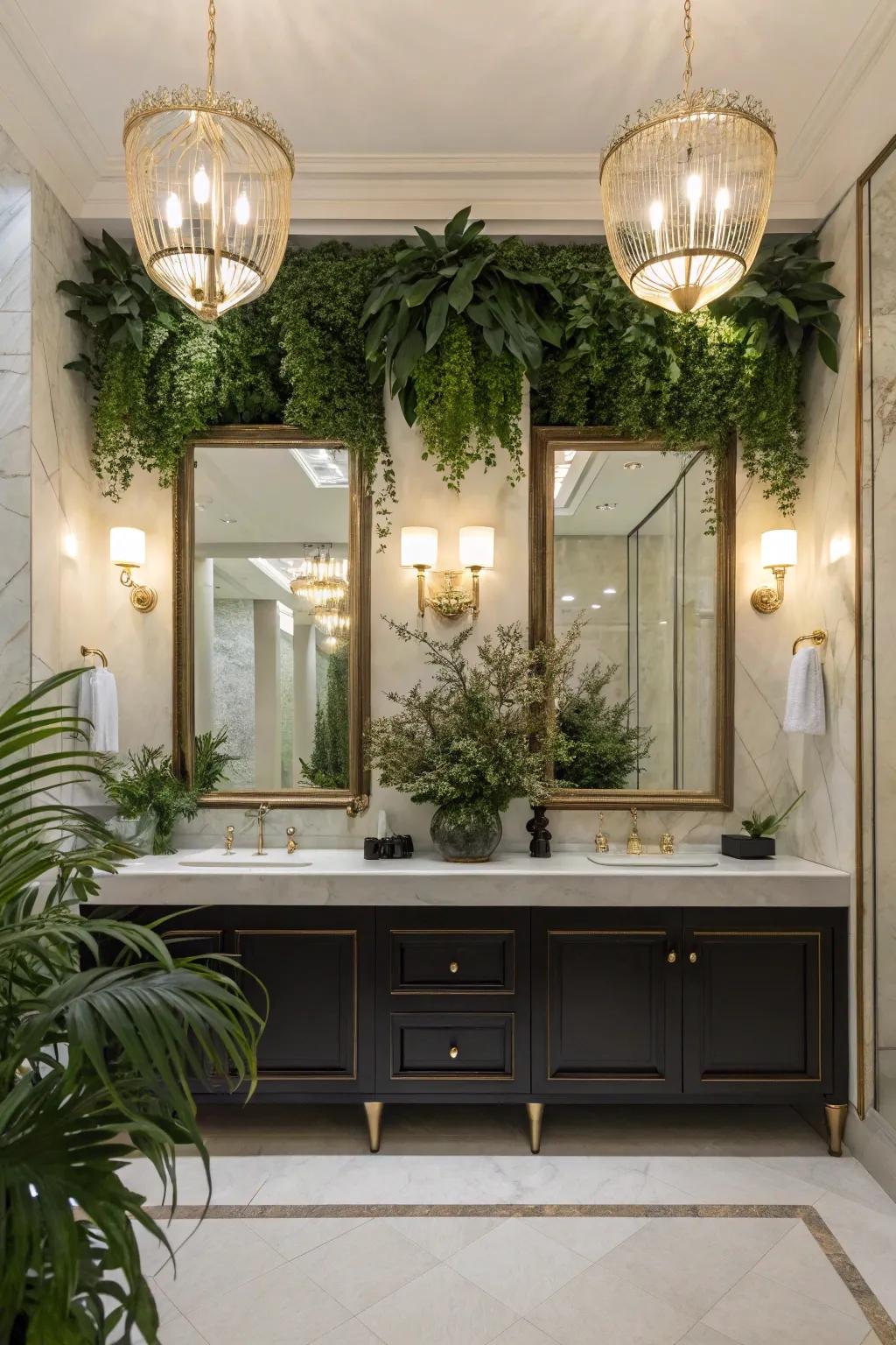 Decorative accents, such as botanicals, enliven this double vanity.